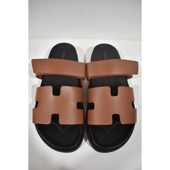 Hermes Chypre Sandal Men Black Brown Leather H Logo Slide Slip On Flat 44.5 11.5 - Picture 7 of 12